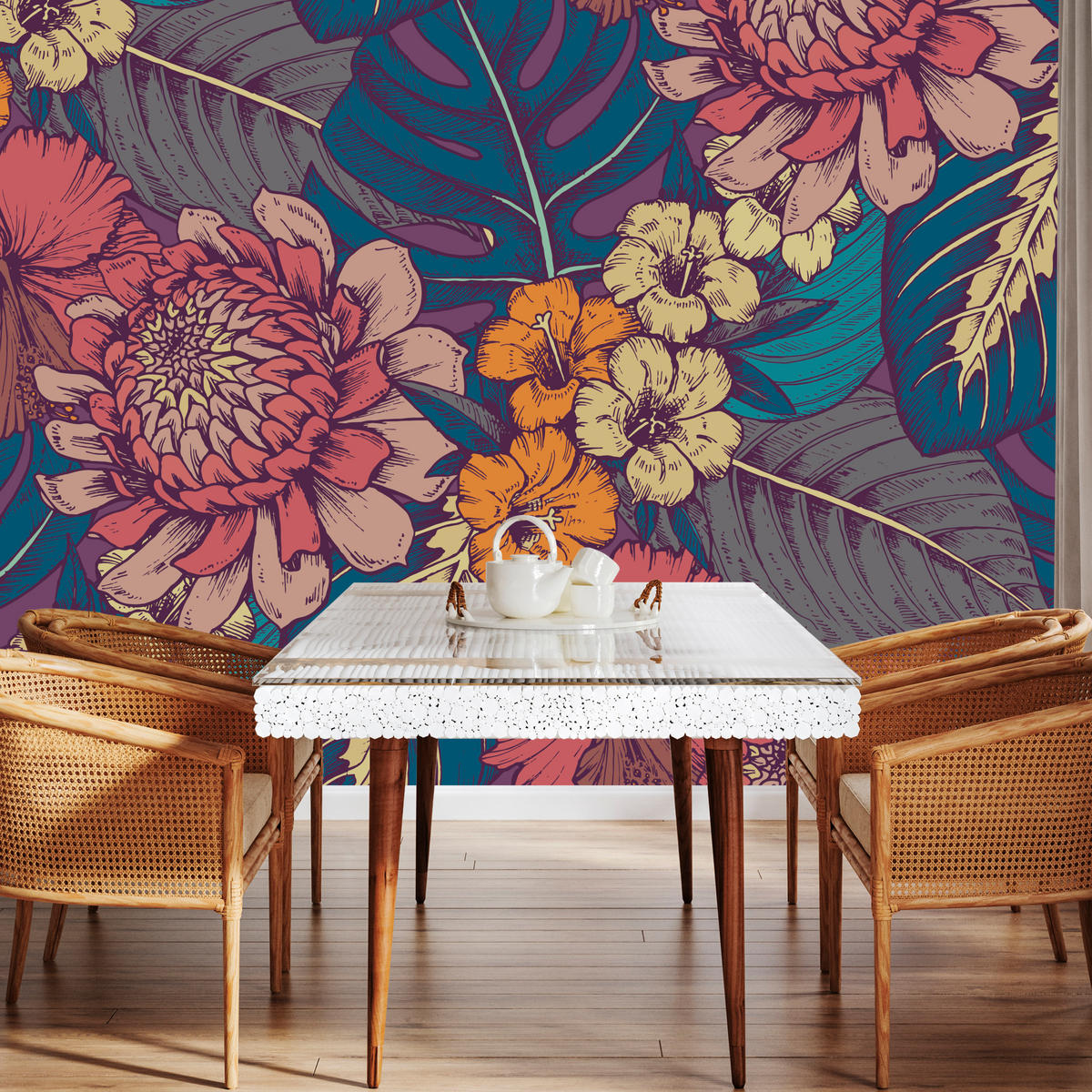 FOTOTAPETE für Schlafzimmer Retro Bunte Blätter Blumen Pflanzen 200x140 - Türkis/Blau, Papier (200/140cm) - Muralo