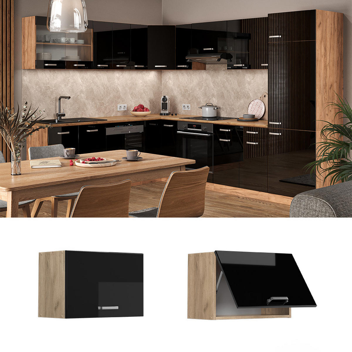 HÄNGESCHRANK R-Line Schwarz Hochglanz 60 cm Flach - Honigeiche/Schwarz Hochglanz, Holzwerkstoff (60/40/31cm) - Vicco