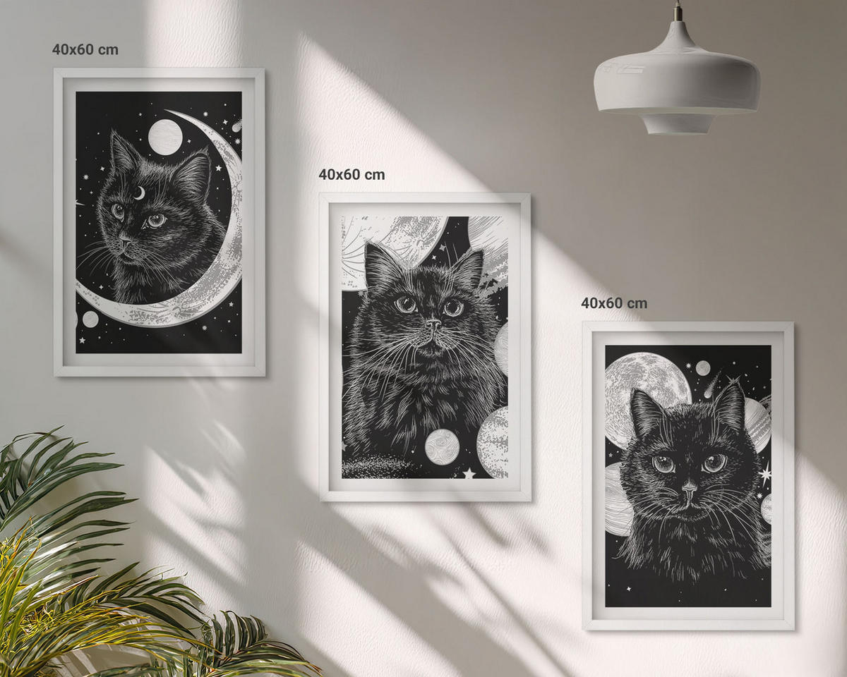 BILDER SET 3er Set - 40x60 cm Weißer Rahmen - Schwarze Katzen, Mond, Weltraum - Weiß, Kunststoff (40/60cm) - TULUP