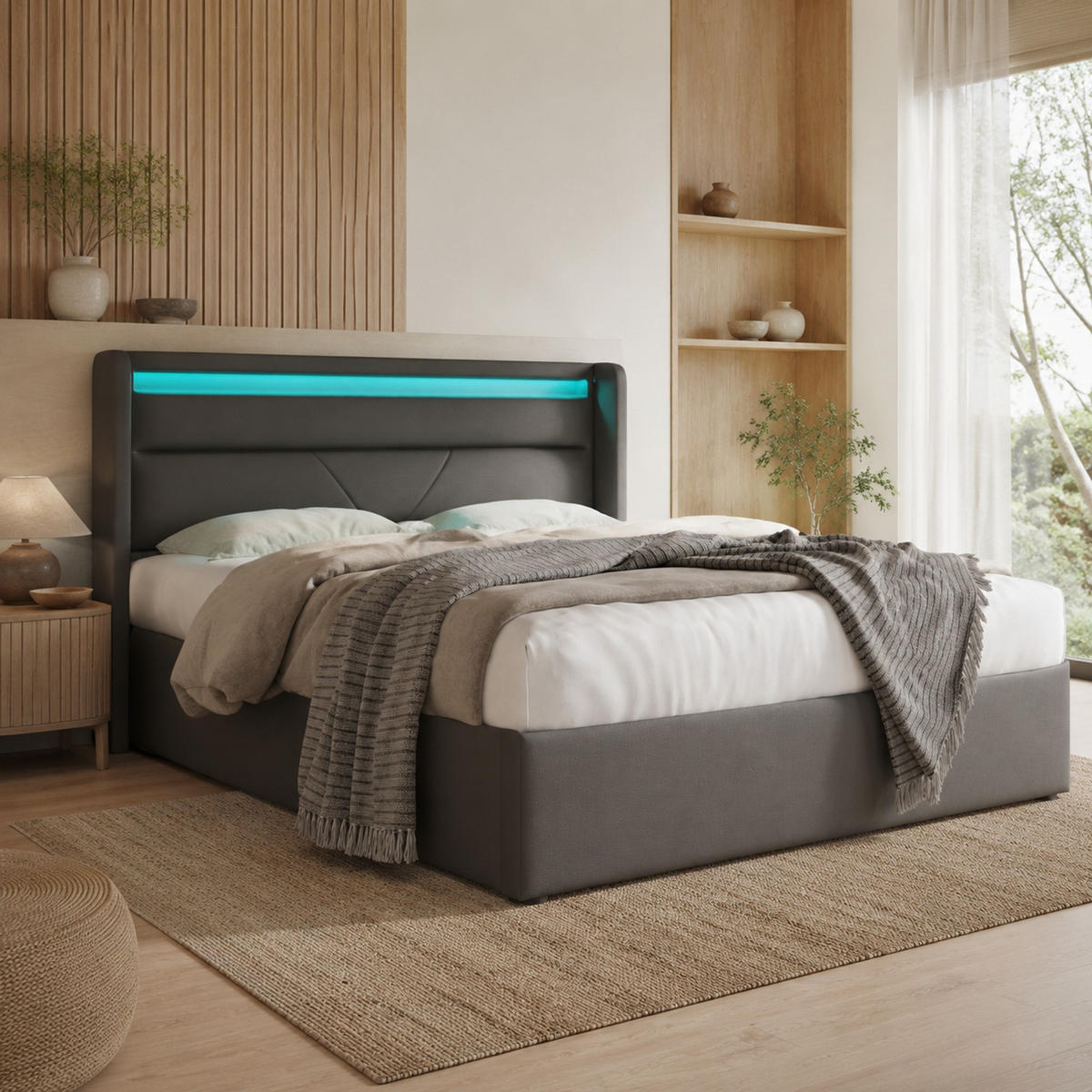 POLSTERBETT 140/200 cm in Grau mit Bettkasten und LED PU - Grau, Holzwerkstoff/Textil (140/200cm) - CHICFURN