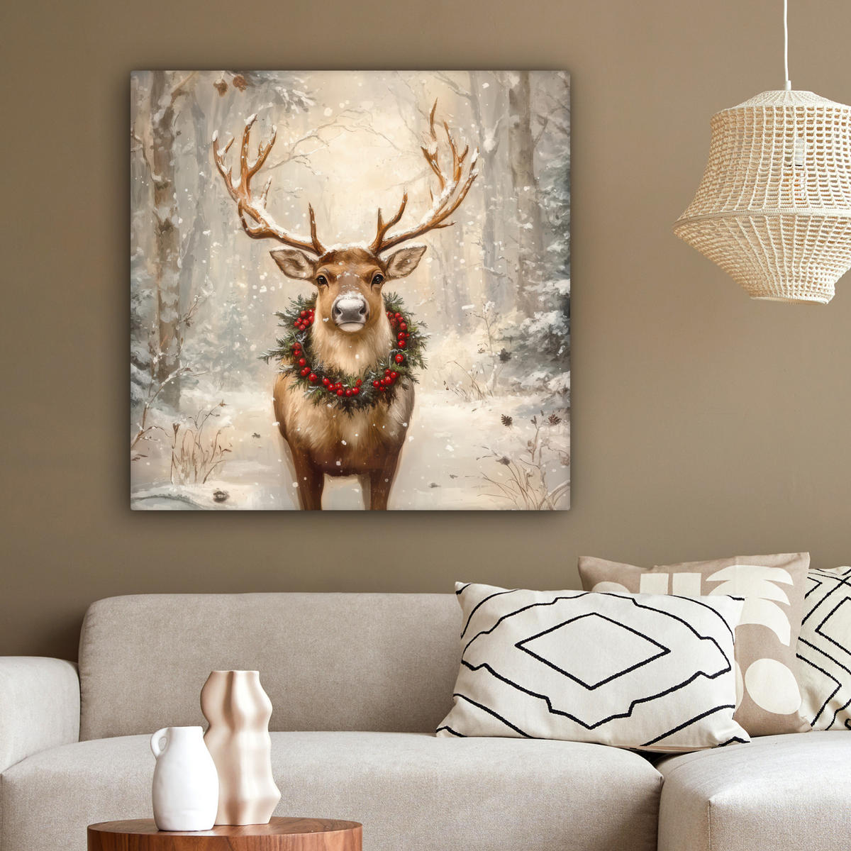 LEINWANDBILD Weihnachten - Rentier - Winter - Kranz 90x90 cm - Naturfarben, Textil (90/90cm) - MuchoWow