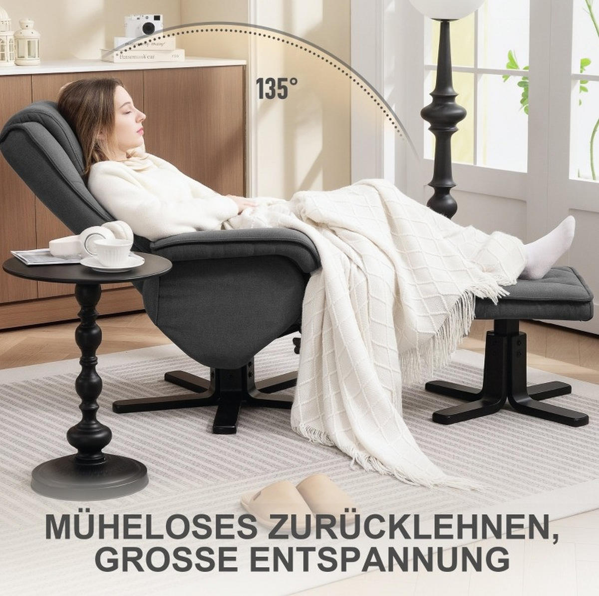 RELAXSESSEL Polyester mit Hocker 360° drehbar, 135° verstellbar 67/87/96 cm Dunkelgrau - Dunkelgrau, Textil (67/96/87cm) - Redom