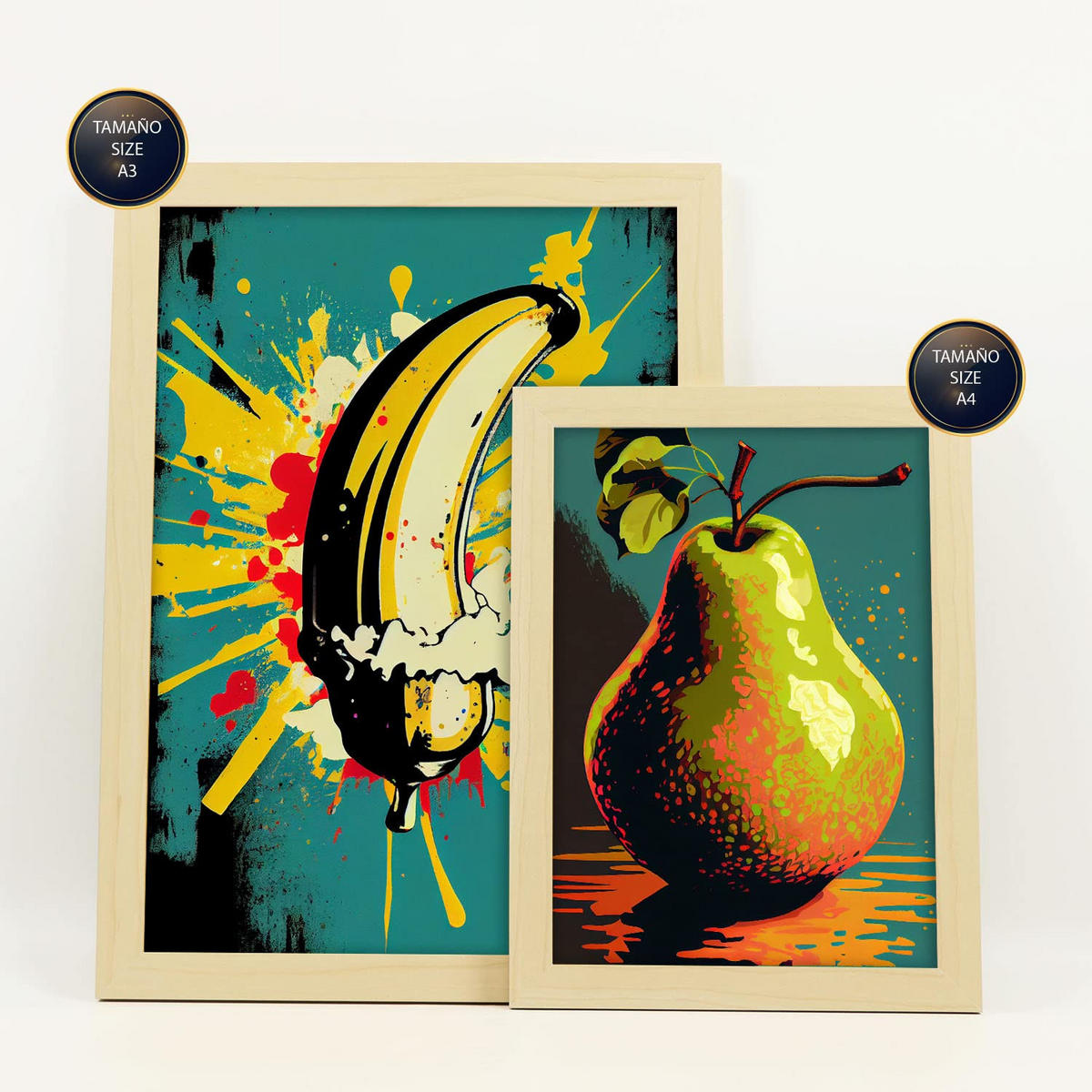 POSTER Set Mit 6 Sommerzeit Vollfarbige Plakate Von Obst, Gemüse Und Gesunden Lebensmitteln Im Urban Art Stil A3 & A4 Rahmen Aus Hellem Holz - Beige, Papier (29/3cm) - Nacnic