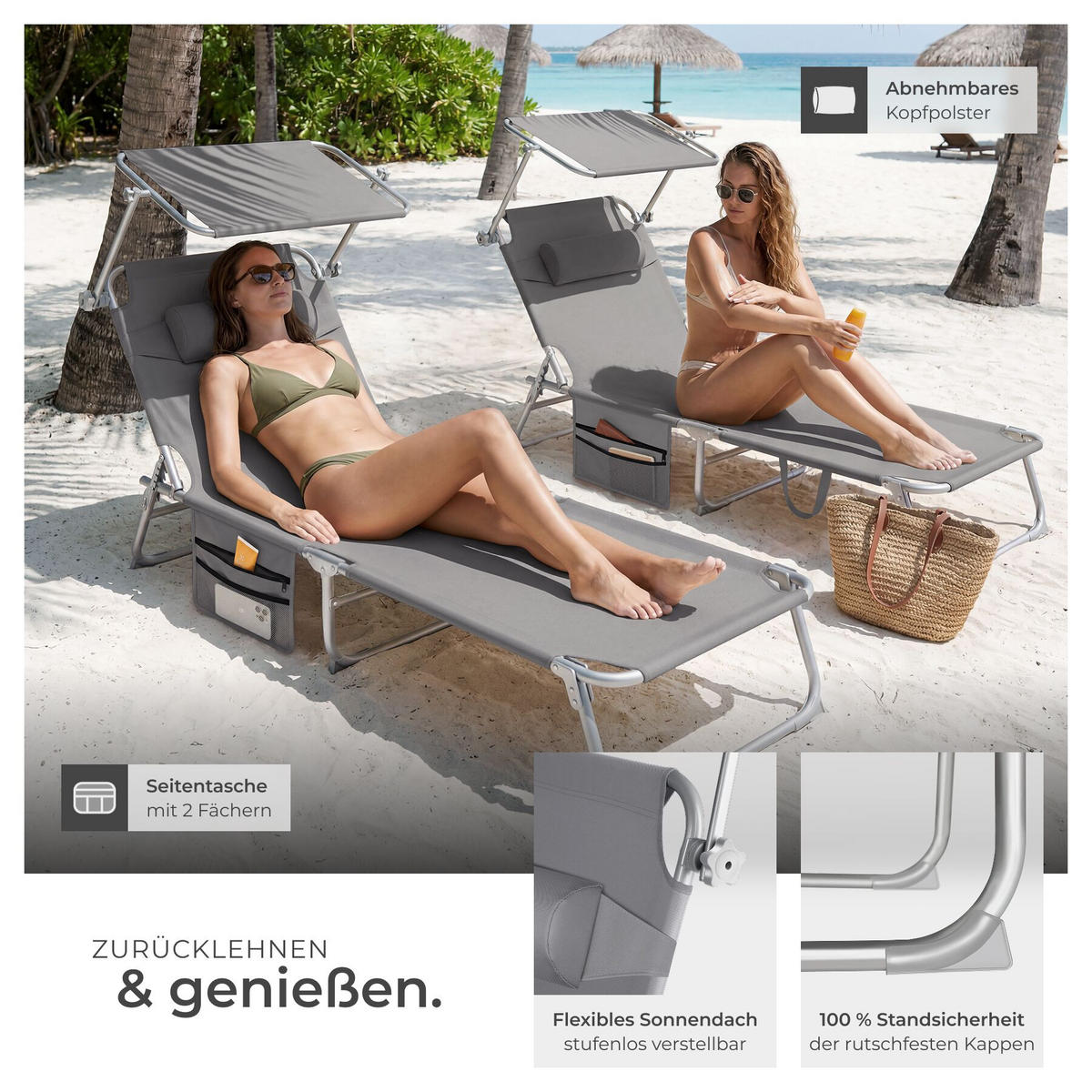 SONNENLIEGE 2er Set Chloé, 190 x 68 x 111 cm, mit Seitentasche, grau - Grau, Kunststoff (68/111/161cm) - tectake
