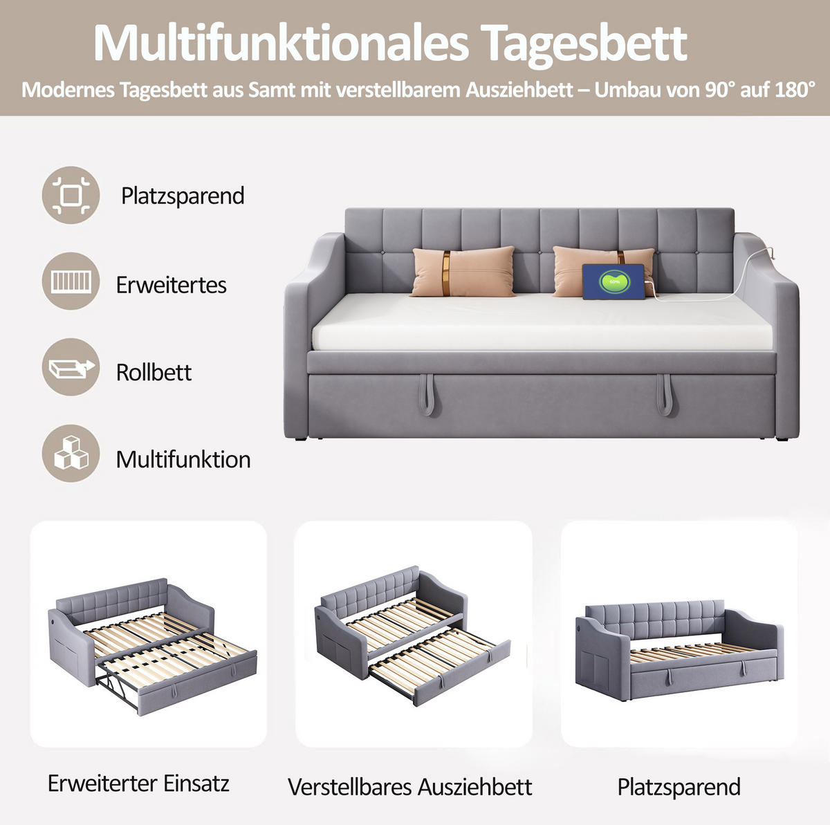POLSTERBETT 90/190 cm Grau aus Samt ausziehbar - Grau, Textil (90/190cm) - OKMYHOME