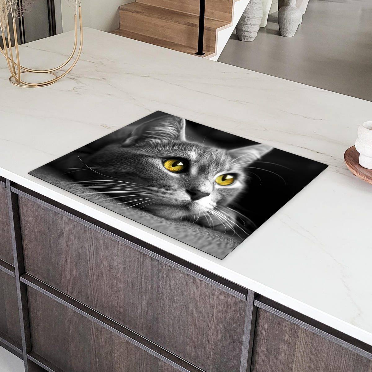 HERDABDECKPLATTE Katze - Grau - Tiere - Katze Induktionsmatte 77x59 cm - Grau, Kunststoff (77/59/0.2cm) - MuchoWow