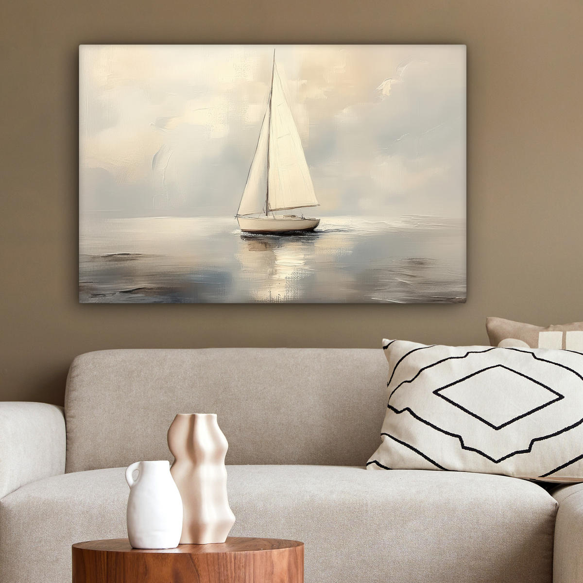 LEINWANDBILD Segelschiff - Meer - Bewölkt Wanddeko 90x60 cm - Creme, Textil (90/60cm) - MuchoWow