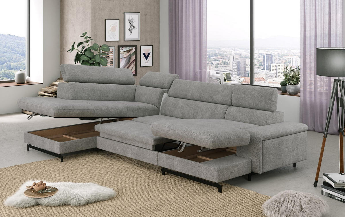 WOHNLANDSCHAFT mit Schlaffunktion und Bettkasten, Orlando-Stoff - Silberfarben/Schwarz, Kunststoff/Textil (328/81/215cm) - Cotta