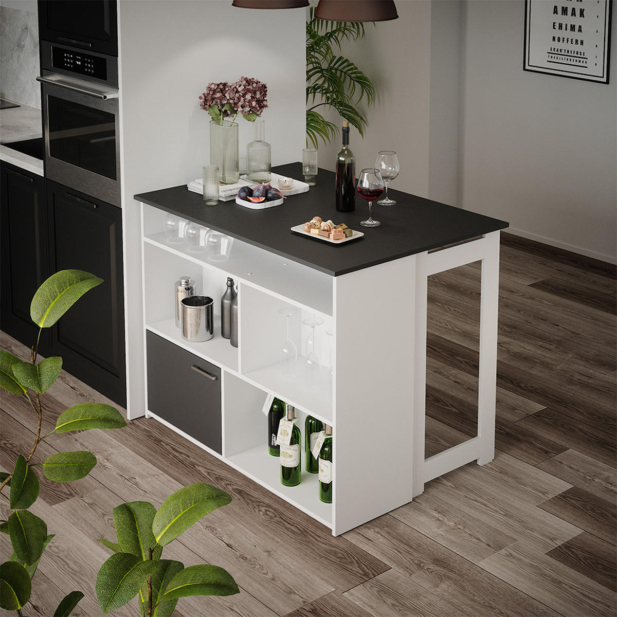 BARTISCH Dominic Anthrazit/Weiß 116 x 37 cm 4x offene Fächer und 1x Tür - Anthrazit/Weiß, Holzwerkstoff (116/90.5/37cm) - Vicco