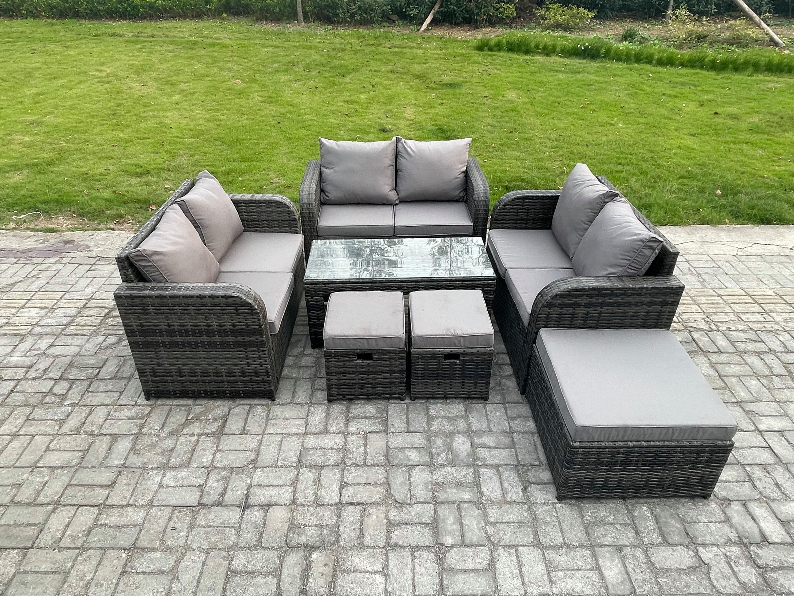 GARTENSOFA SET mit rechteckigem COUCHTISCH Polyrattan 9-Sitzer Dunkelgrau - Dunkelgrau/Grau, Glas/Kunststoff - Fimous