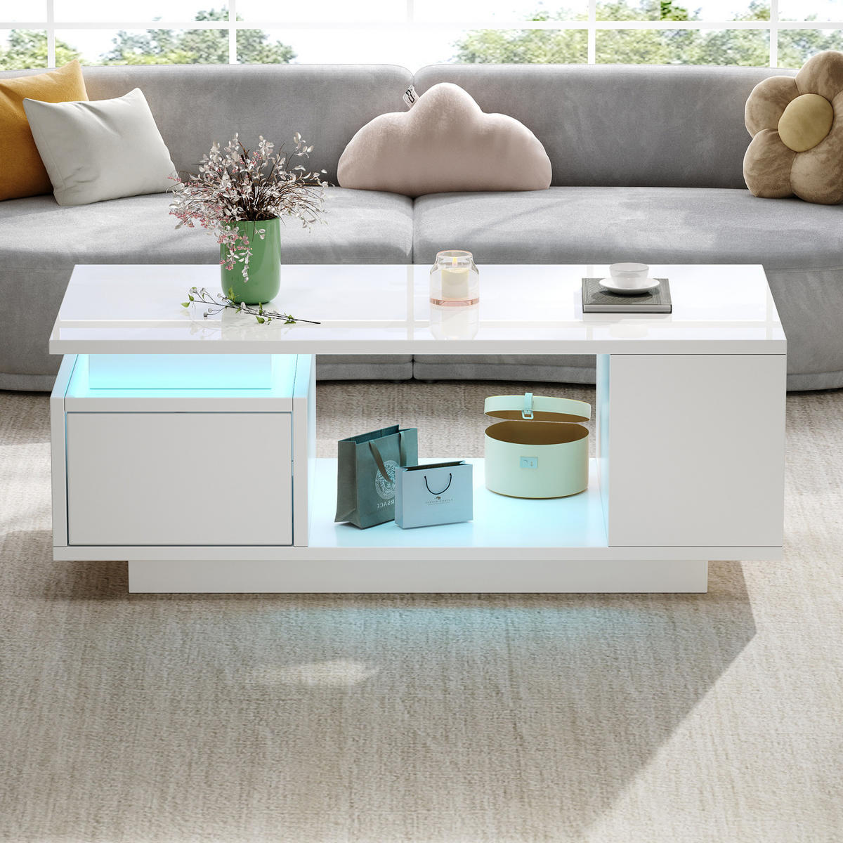 COUCHTISCH aus Spanplatte 100x50x36 cm in Weiß mit LED-Beleuchtung & Schublade - Weiß, Holzwerkstoff (100/50/36cm) - Modfu
