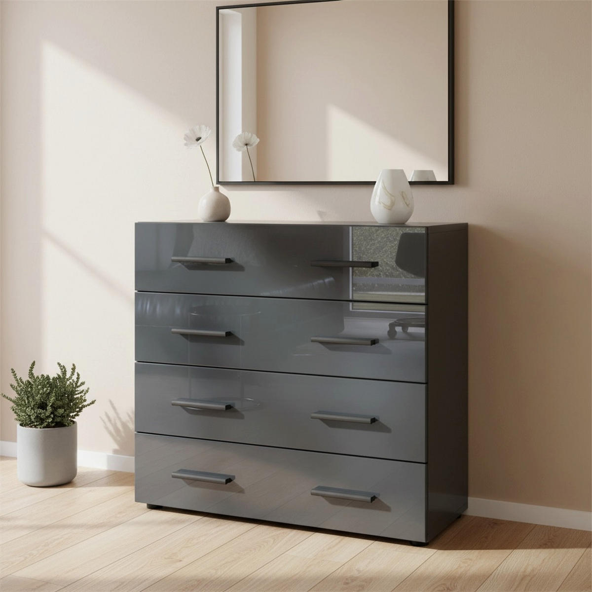 KOMMODE Den, Sideboard mit 4 Schubladen, Made in Germany, Moderner Schrank, Schwarz matt / Grau Hochglanz (76 x 72 x 35 cm) - Grau, Holzwerkstoff (76/72/33cm) - InnoFurn