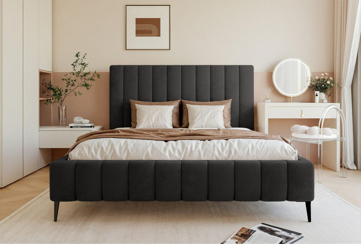POLSTERBETT Fiarro mit Metallfüßen, Dunkelgrau, Velours, 140x200 cm - Dunkelgrau, Textil/Metall (140/200cm) - Selsey