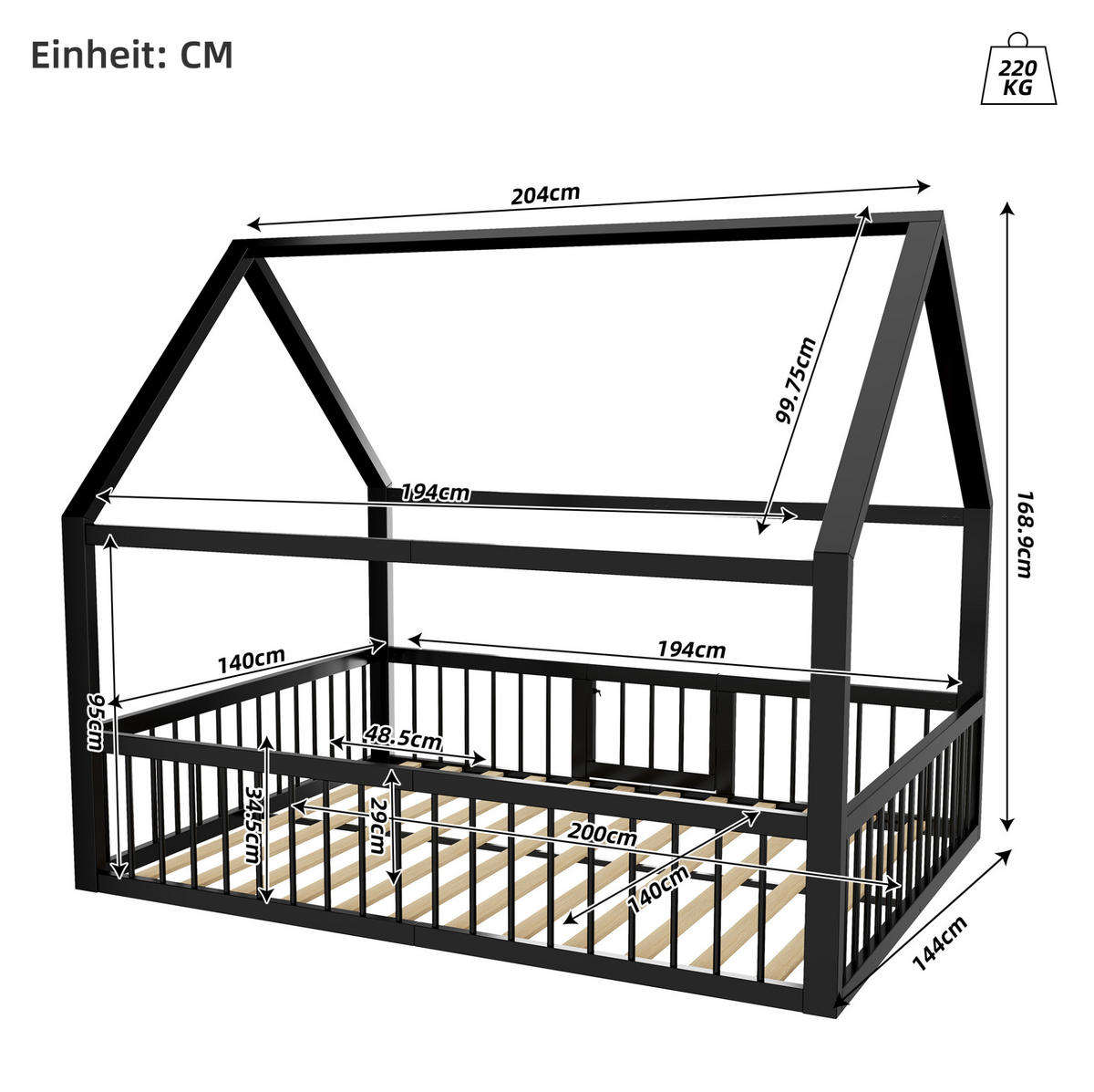 KINDERBETT 140/200 cm schwarz aus Metall mit Dach und Gitter - Schwarz, Metall (140/200cm) - OKWISH