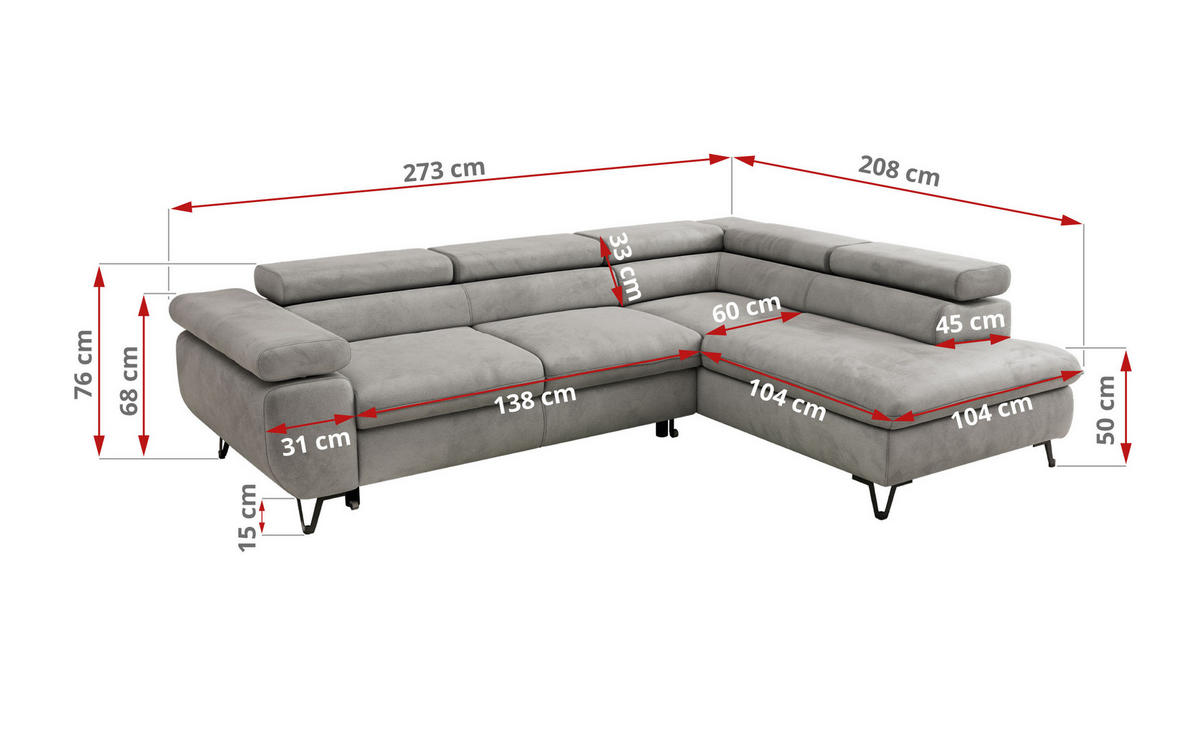 ECKSOFA PABLO L Hellgrau Velvet - Rechts Seite - Hellgrau/Schwarz, Textil/Metall (273/208cm) - MKS