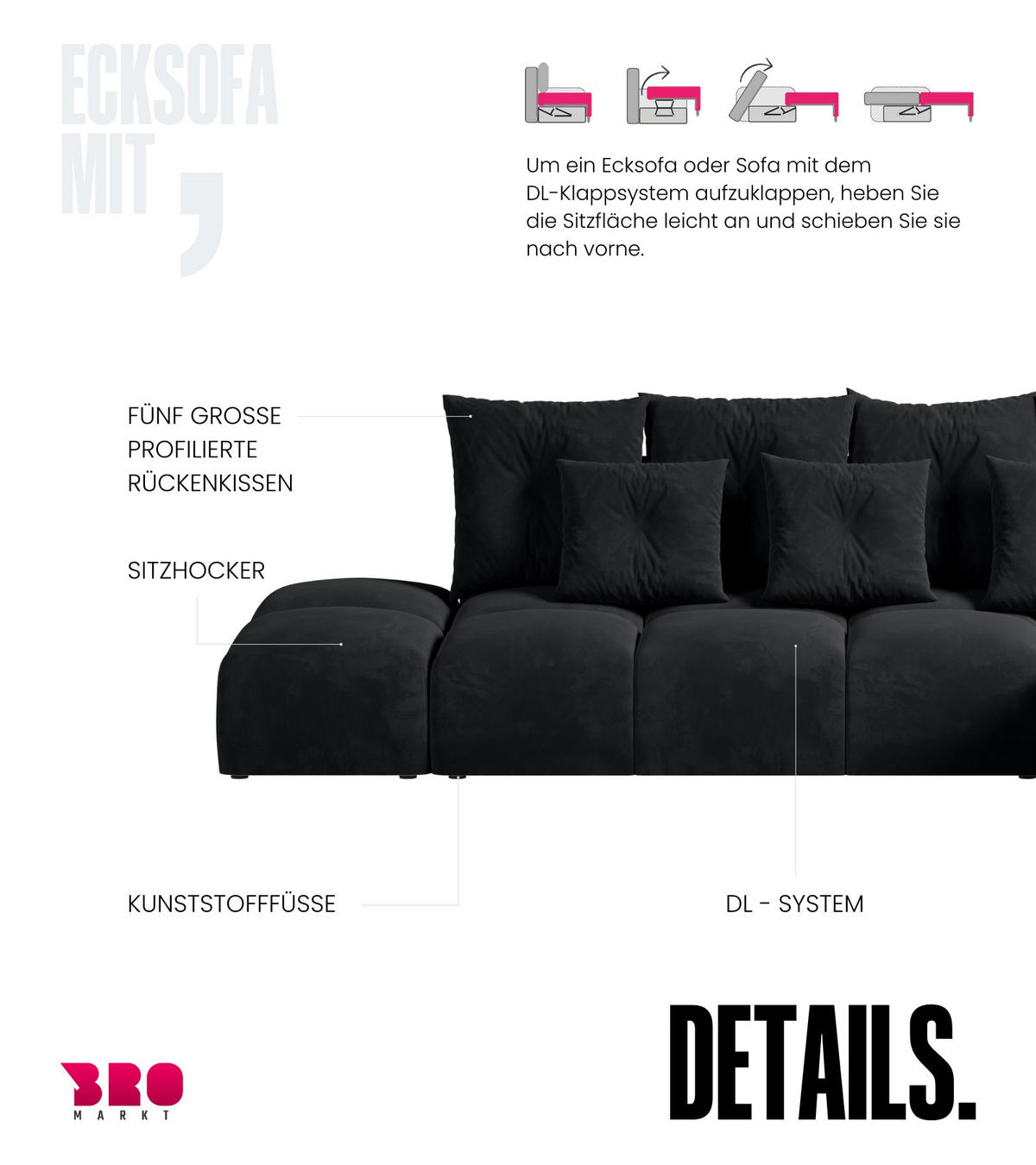 ECKSOFA mit Schlaffunktion RAMIRO Schwarz - Graphitfarben, Textil (325/185cm)