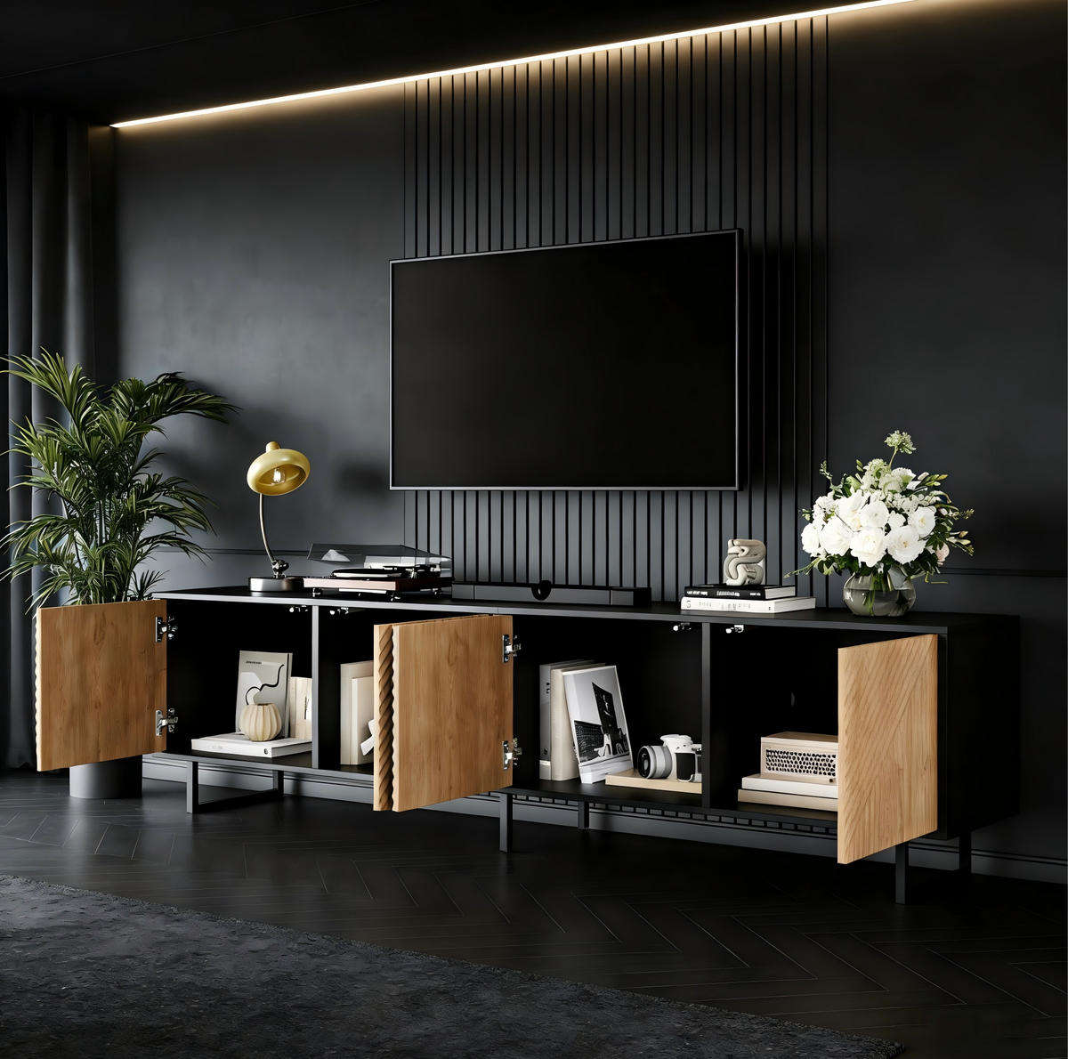 TV-ELEMENT mit 4 Türen 180 x 40 x 50 cm Naturholz Schwarz - Braun, Holzwerkstoff (40/50/180cm) - Beauniv