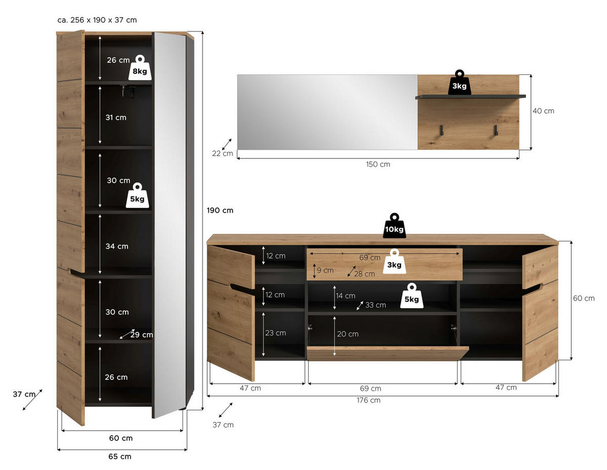 GARDEROBEN-SET Canu Artisan 256/37/190 cm - Grau, Holzwerkstoff (256/190/37cm) - Xonox