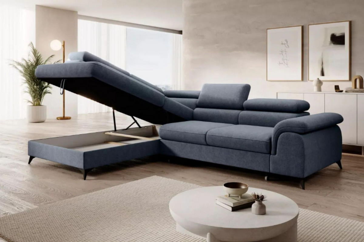 ECKSOFA PLAZA L Links mit Schlaffunktion 125x195 Velours Blaugrau - Blaugrau/Schwarz, Holz/Kunststoff (205/275cm) - Muffo