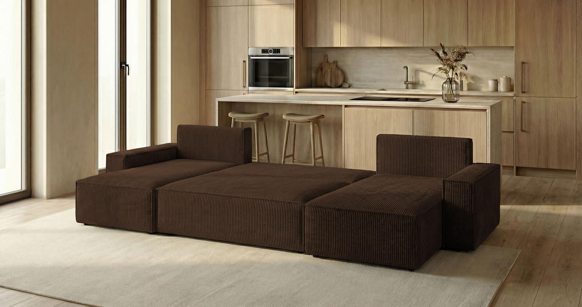 SEDACÍ souprava CALIFORNIA MINI tvar U hnědá manšestr Poso 6 - funkce spaní, úložný prostor - hnědá, textil (312/85/142cm) - Cornero