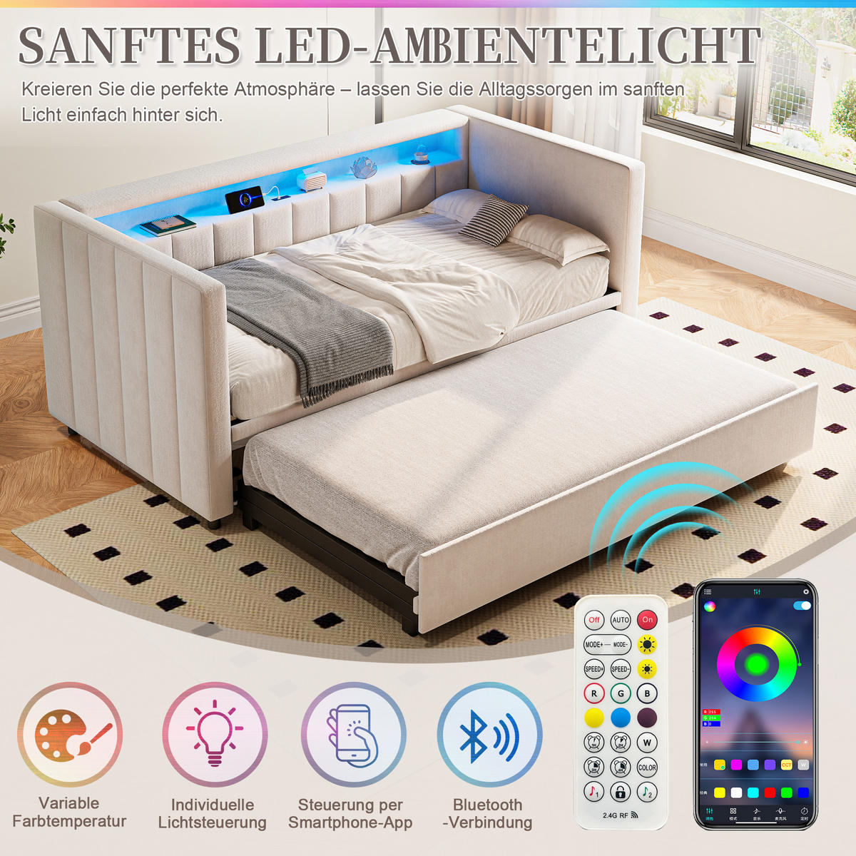 SCHLAFSOFA 90/190 cm in Beige Samt mit Ausziehbett, LED und USB-Type-C - Beige, Holzwerkstoff/Textil (90/190cm) - WISHDOR