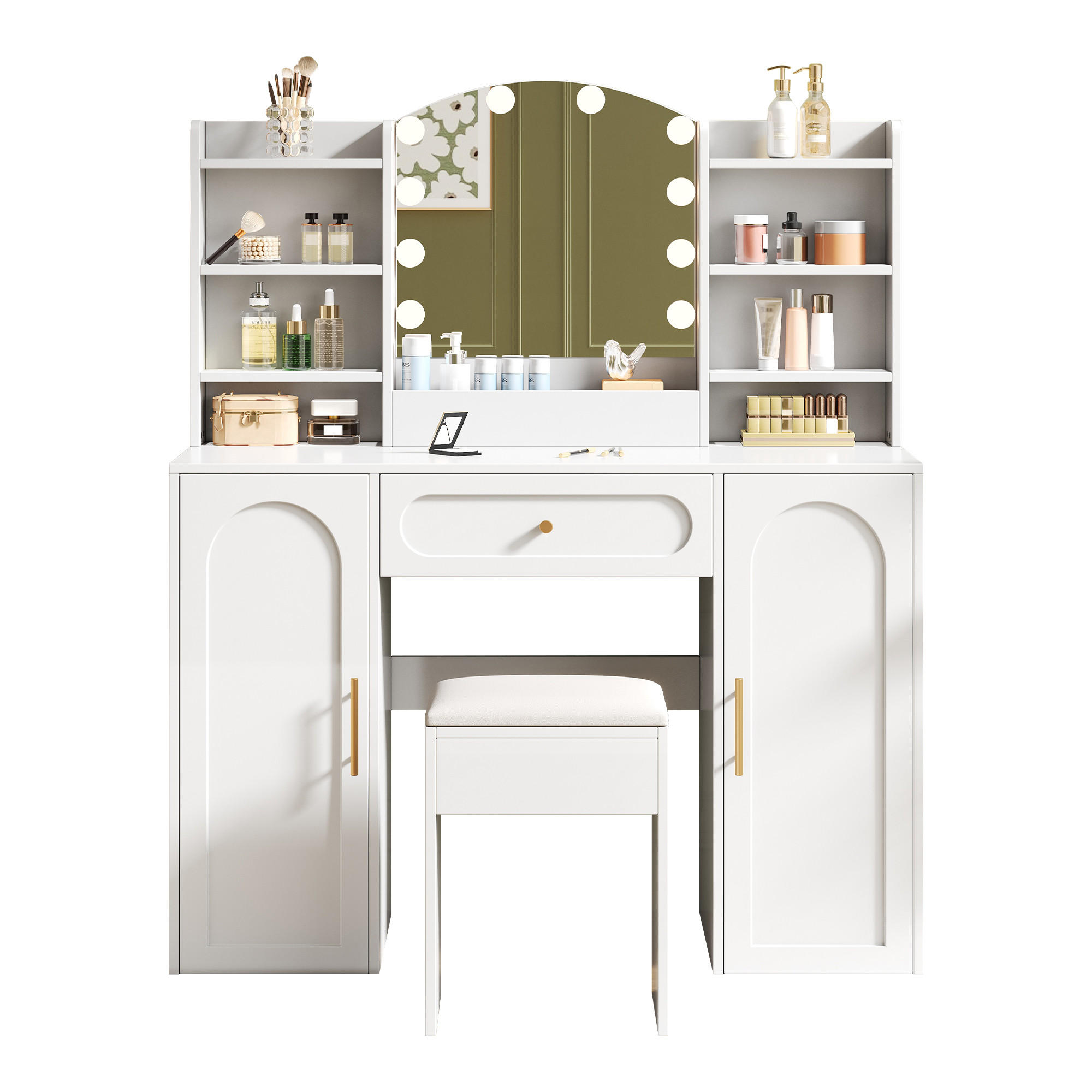 SCHMINKTISCH, LED-Beleuchtung, Spiegel, Hocker, Weiß, 110x40x132cm - Weiß, Holzwerkstoff (40/132/110cm) - FLIEKS