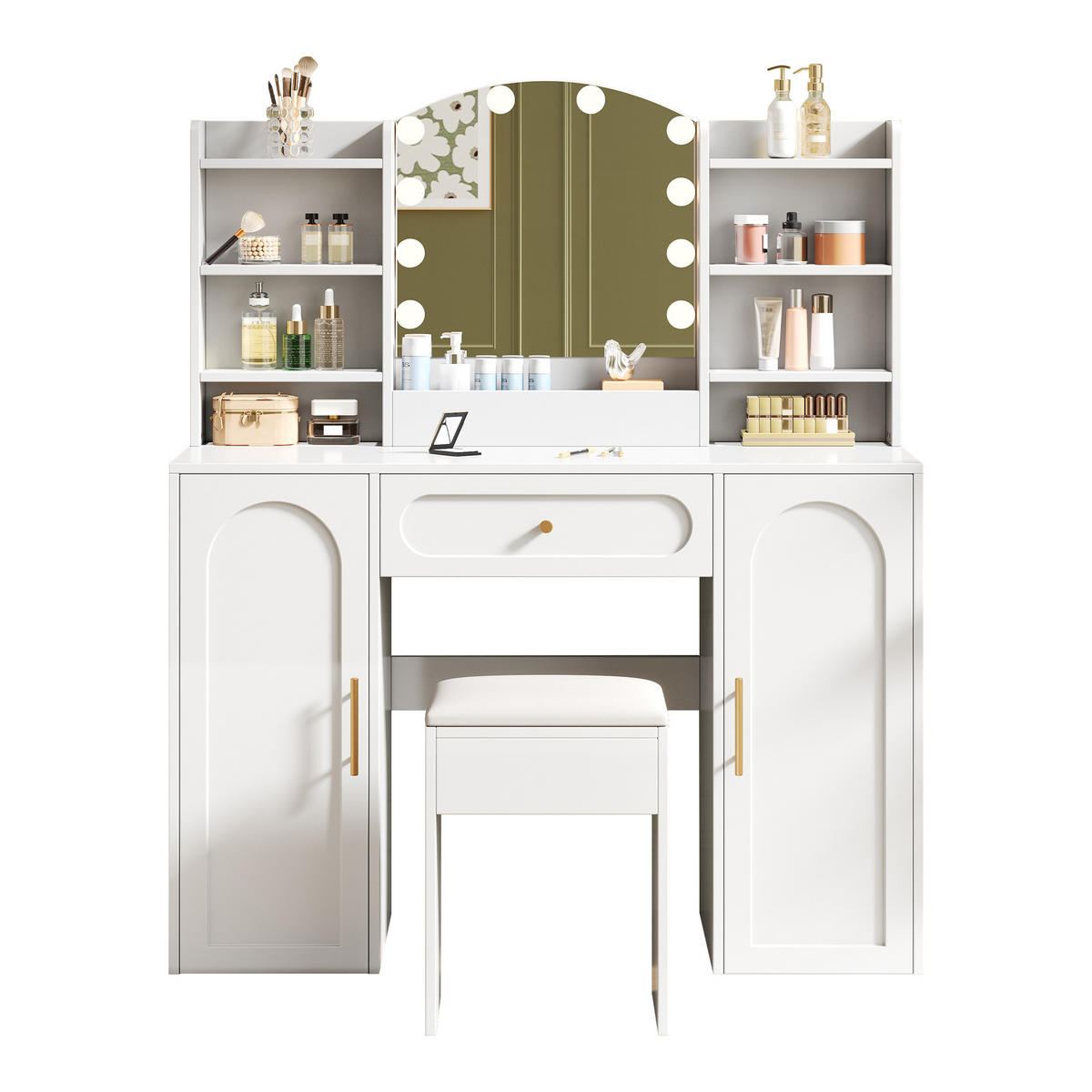 SCHMINKTISCH, LED-Beleuchtung, Spiegel, Hocker, Weiß, 110x40x132cm - Weiß, Holzwerkstoff (40/132/110cm) - FLIEKS