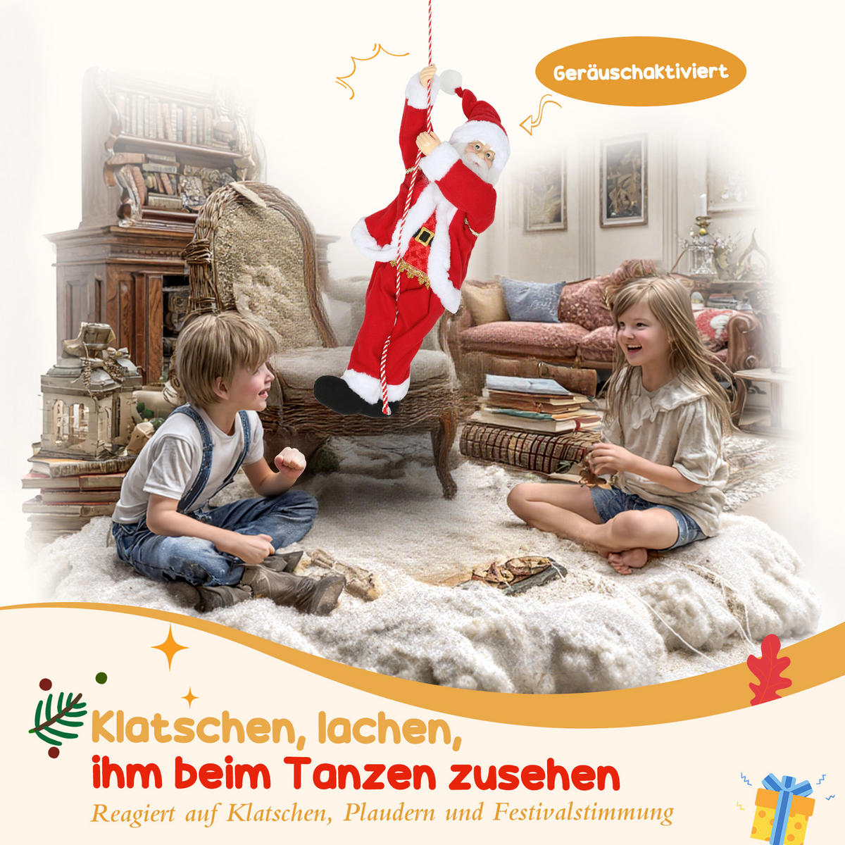 WEIHNACHTSMANN 60 cm Singend und Kletternd Weihnachtsmann mit Geschenk Seil - Rot, Textil (18/60/20cm) - HOMCOM
