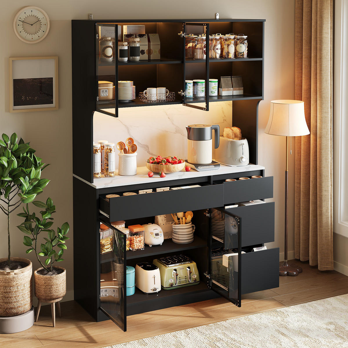 HOCHSCHRANK Vitrine LED Marmoroptik Glaselemente Schwarz Weiß - Multicolor, Holzwerkstoff (120/180/40cm) - FLIEKS