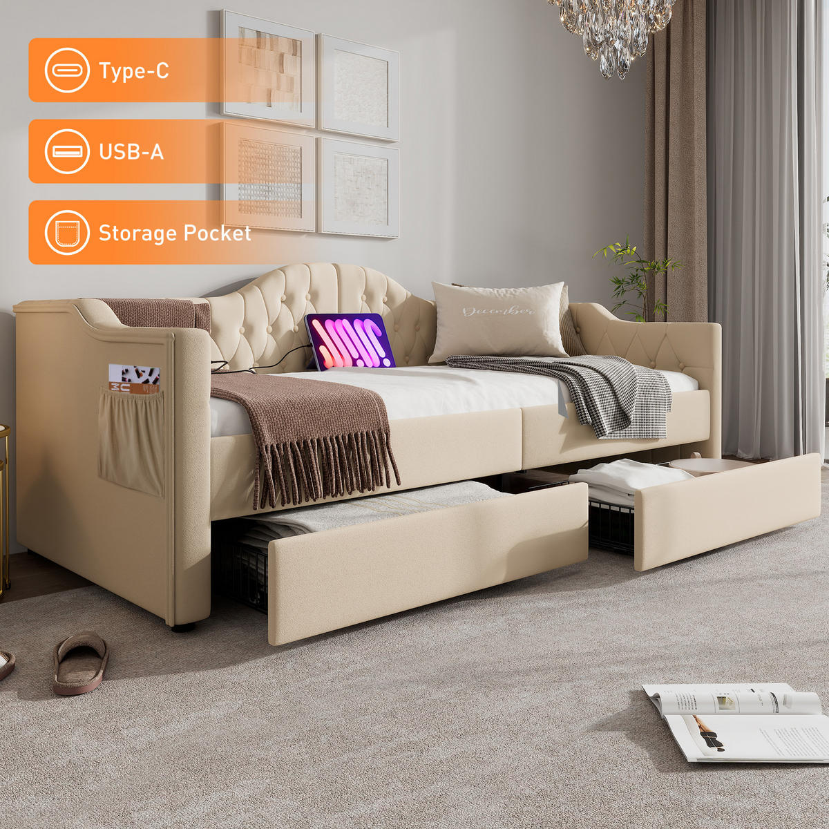 SCHLAFSOFA 90/200 cm in Beige Samt mit 2 Schubladen, USB und Type-C - Beige, Holzwerkstoff/Textil (90/200cm) - WISHDOR