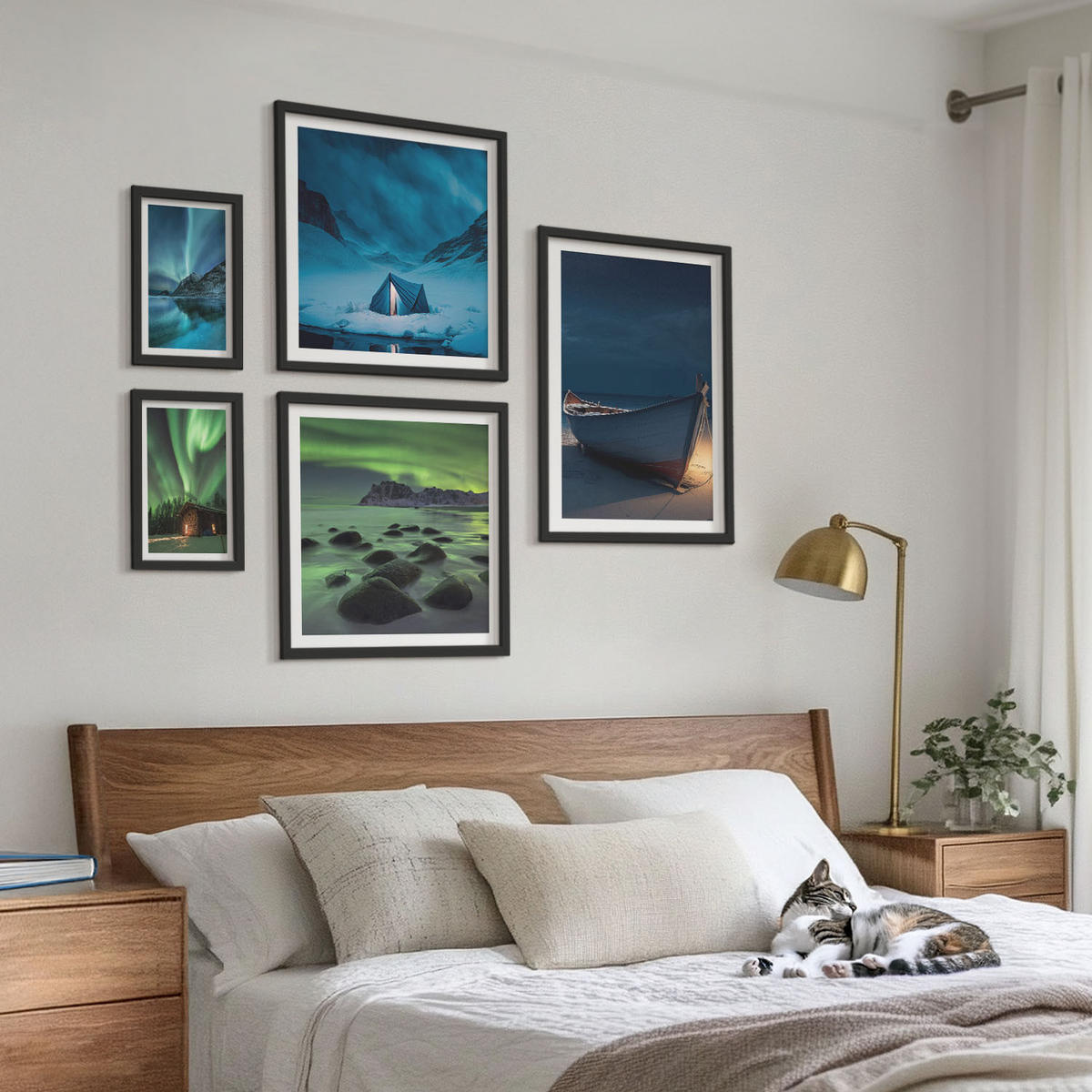 BILDER SET 5er Set - 50x50 cm & 20x30 cm & 40x60 cm Schwarzer Rahmen - Winterlandschaften, Nordlichter, Berge - Schwarz, Kunststoff (40/60cm) - TULUP