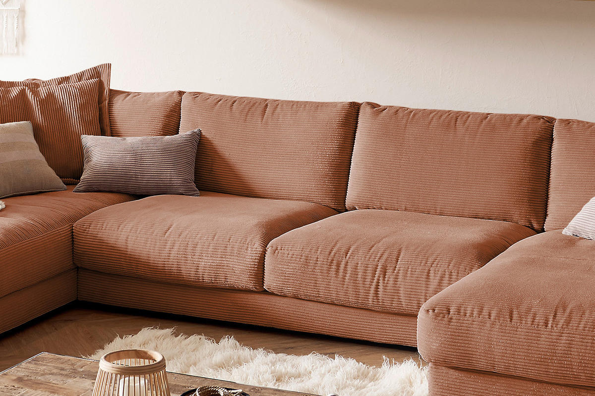 WOHNLANDSCHAFT MADELINE Braun Cord - Rotbraun/Schwarz, Kunststoff/Textil (425/86/224cm) - KAWOLA
