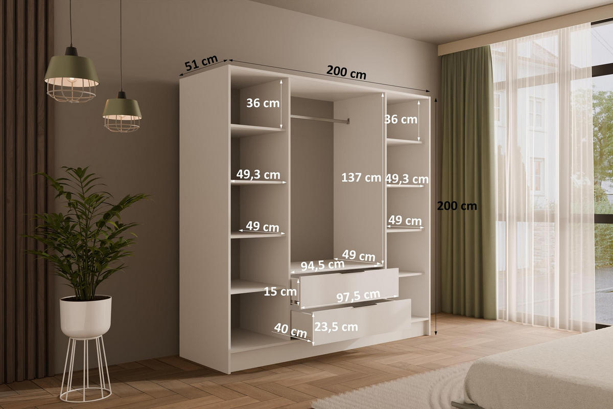 KLEIDERSCHRANK mit Flügeltüren KOLIN 200x200cm Weiß / Weiß - Weiß, Holzwerkstoff (200/200/51cm) - ALTDECOR