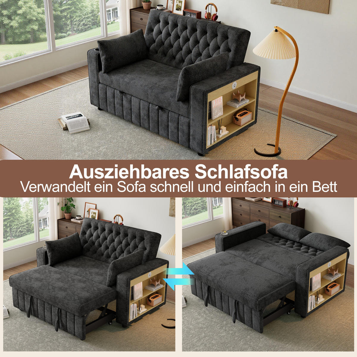 SCHLAFSOFA, Chenille mit USB-Anschluss, Stauraum & 3-fach verstellbarer Rückenlehne, 140/137/84 cm, Grau - Grau, Textil (137/84/140cm) - Redom