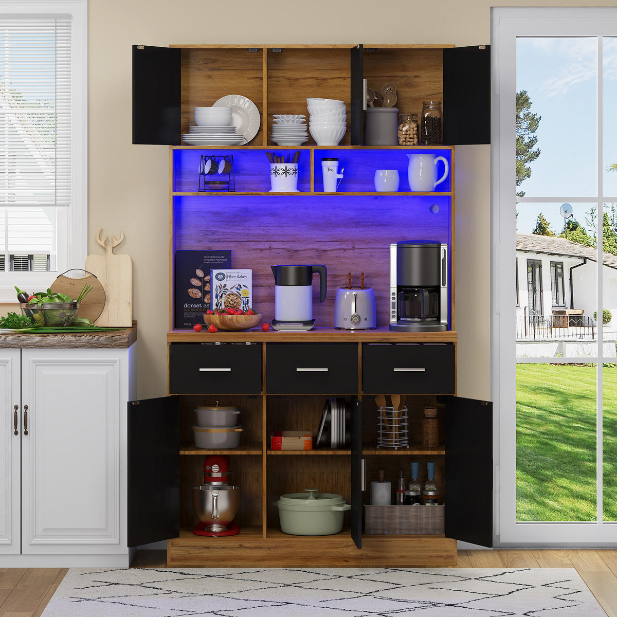 KÜCHENBUFFET in Schwarz und Naturfarbe Küchenschrank mit LED und Schubladen für Küchen und Esszimmer, B100/T40/H180 cm - Schwarz, Holzwerkstoff (100/180/40cm) - STILVORA