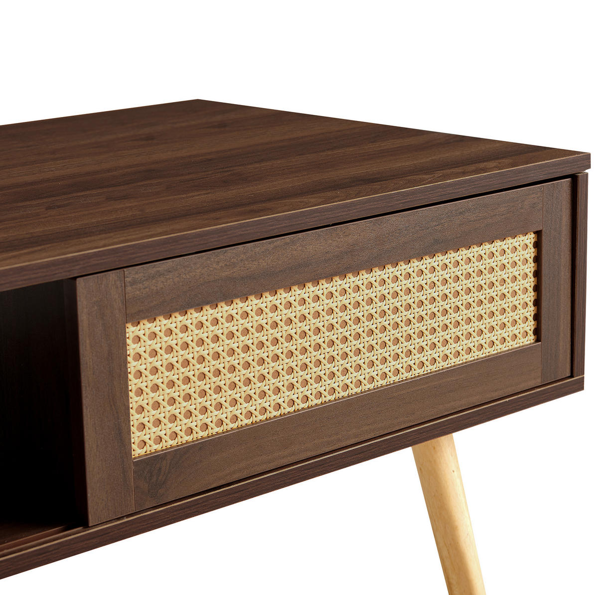 COUCHTISCH 105/55/40 cm in Braun mit Rattan-Schiebetür und Massivholzbeinen - Braun, Holzwerkstoff (105/55/40cm) - Flora Grace