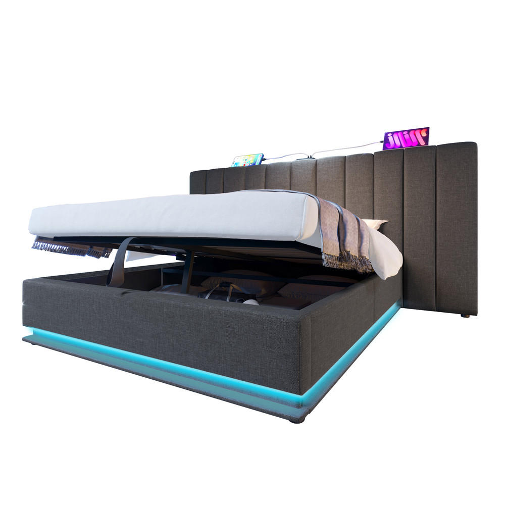 POLSTERBETT 180x200cm Doppelbett App-LED USB-C Stauraum Grau Leinen - Grau, Holz (180/200cm) - FLIEKS