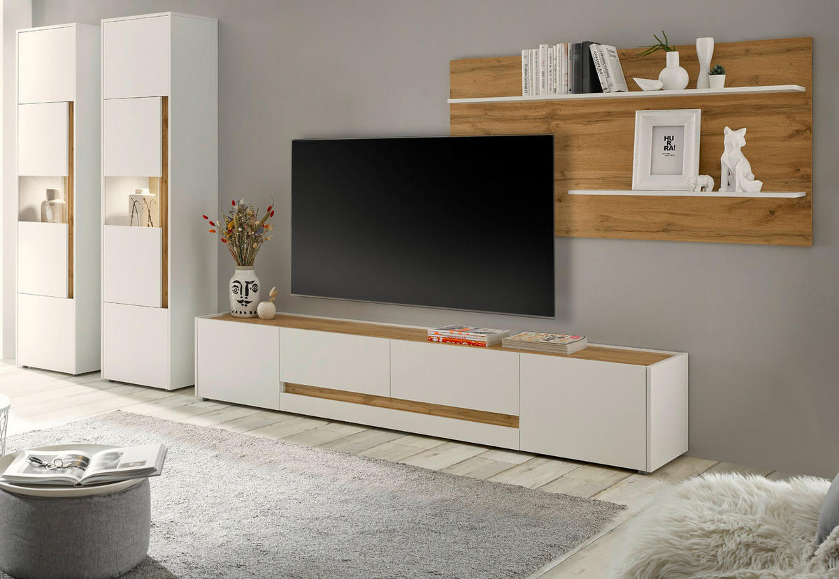 WOHNWAND weiß, Eiche Wotan 4-teilig 400 cm, Wohnkombination viel Stauraum - Schwarz/Weiß, Glas/Holz (400/197/45cm) - Furn.Design