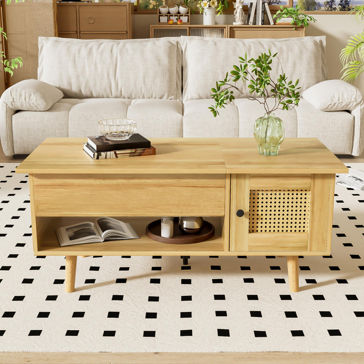COUCHTISCH Holzoptik mit Hubplatte und verstecktem Stauraum - Cognac, Metall (103/50/46cm)