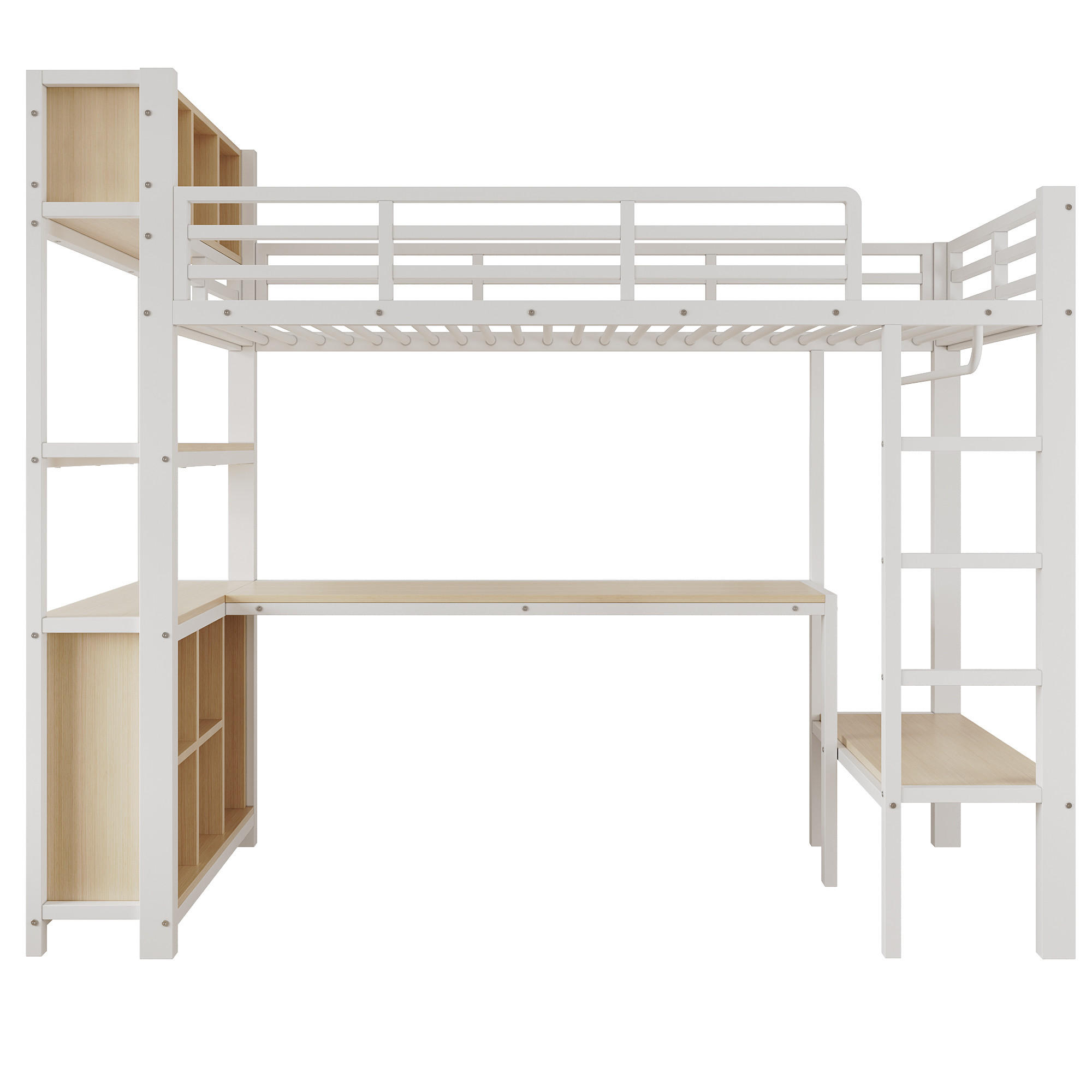 HOCHBETT 90/200 cm Weiß, mit Tisch, Kleiderständer, Regalen und Staufächern - Weiß, Metall