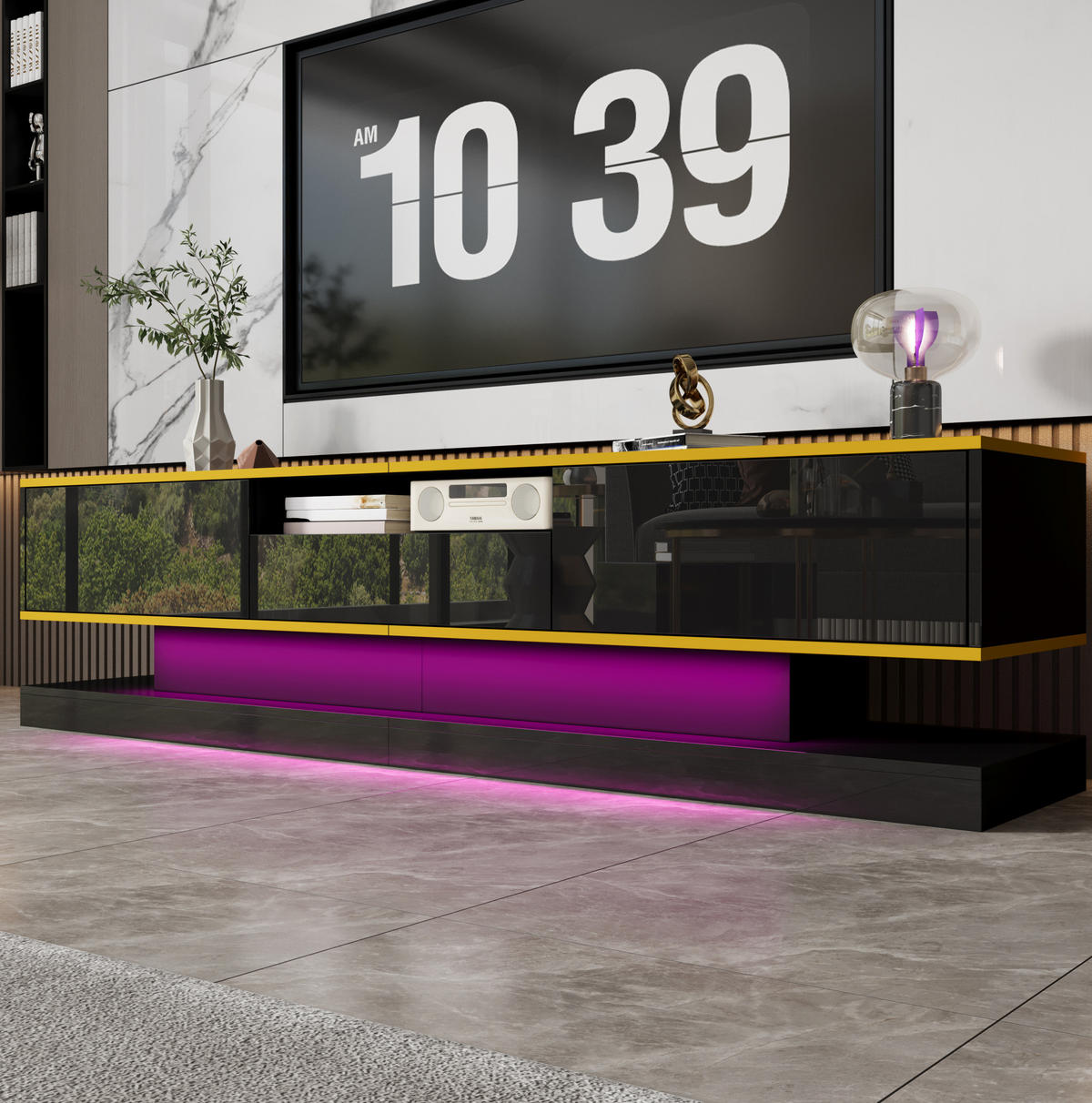 TV-LOWBOARD aus Spanplatte 180x38x45 cm Schwarz/Gold mit LED-Beleuchtung und 3 Schubladen - Schwarz, Holzwerkstoff (180/45/38cm) - IVMEU