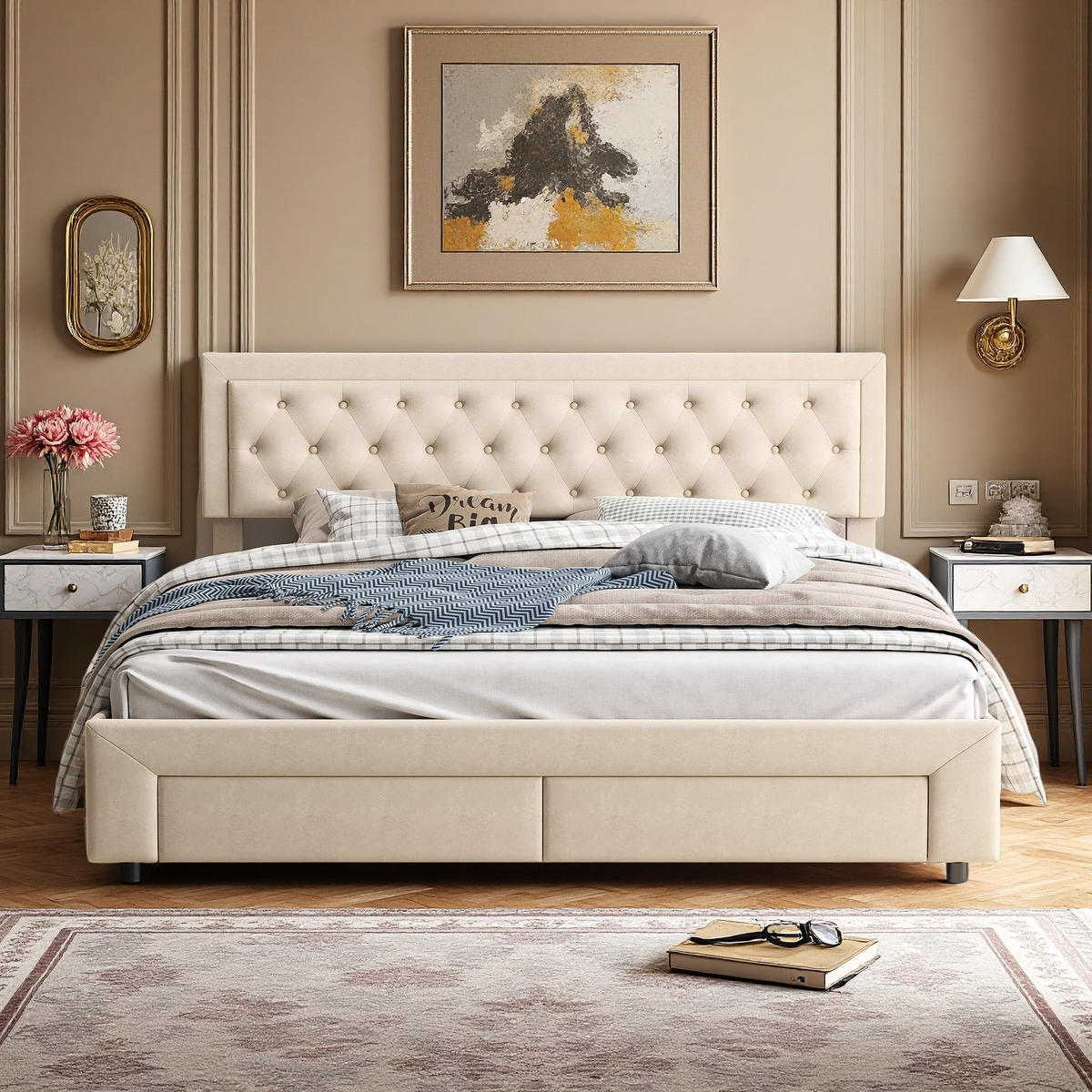 POLSTERBETT 180x200 cm Stauraum 2 Schubladen Lattenrost Samt beige - Beige, Holz (180/200cm) - LEBENLANG