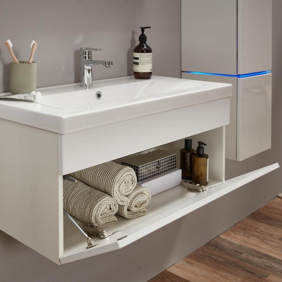 BADMÖBEL WANGEROOGE BIG S - Farbe: Weiß, Größe: S - Weiß, Holz/Keramik (33/41/80cm) - Home Deluxe