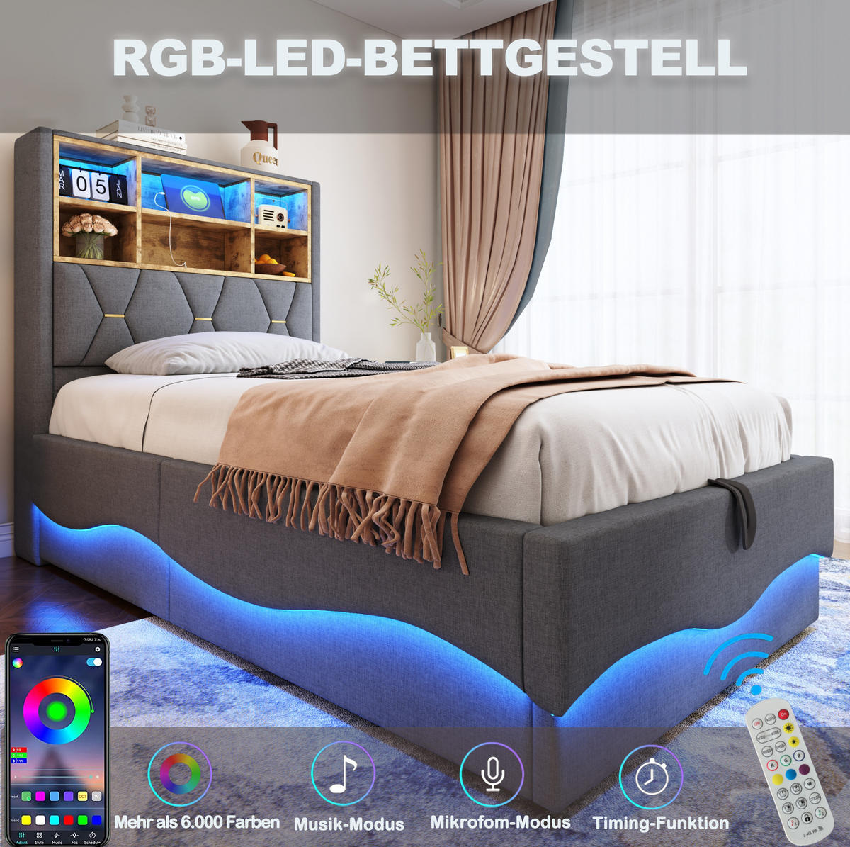 KINDERBETT 90/200 cm mit LED-Beleuchtung, USB und hydraulischem Bettkasten, Leinenpolsterung, Grau - Grau, Metall (90/200cm) - Redom