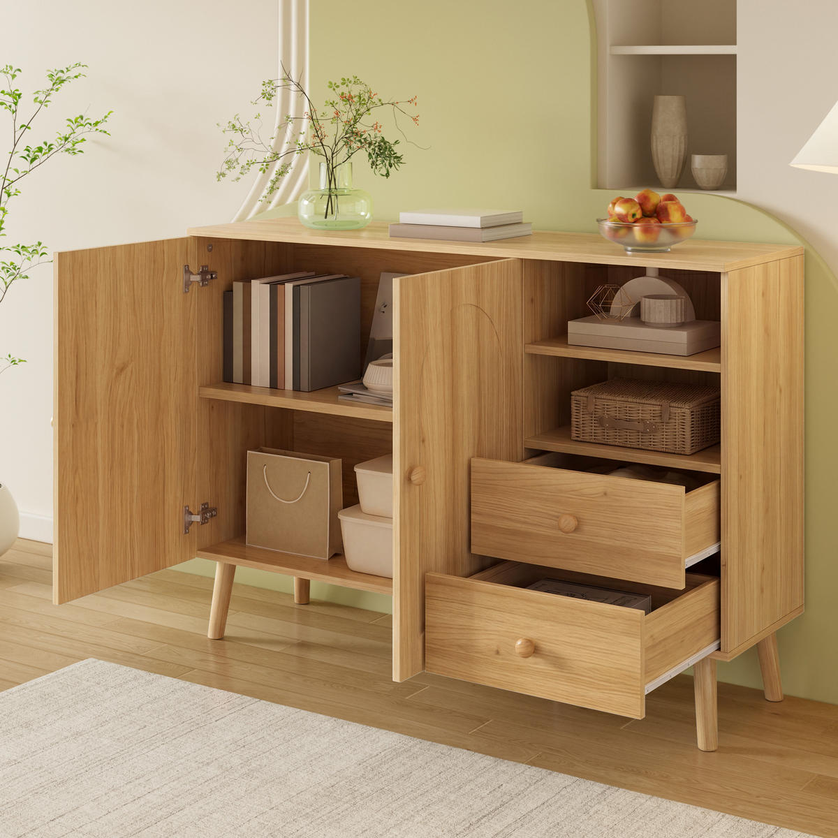 SIDEBOARD Gewölbte Türen Holzfüße 2 Schubladen 2 Fächer Modern - Naturfarben, Holzwerkstoff (118/82/35cm) - FLIEKS