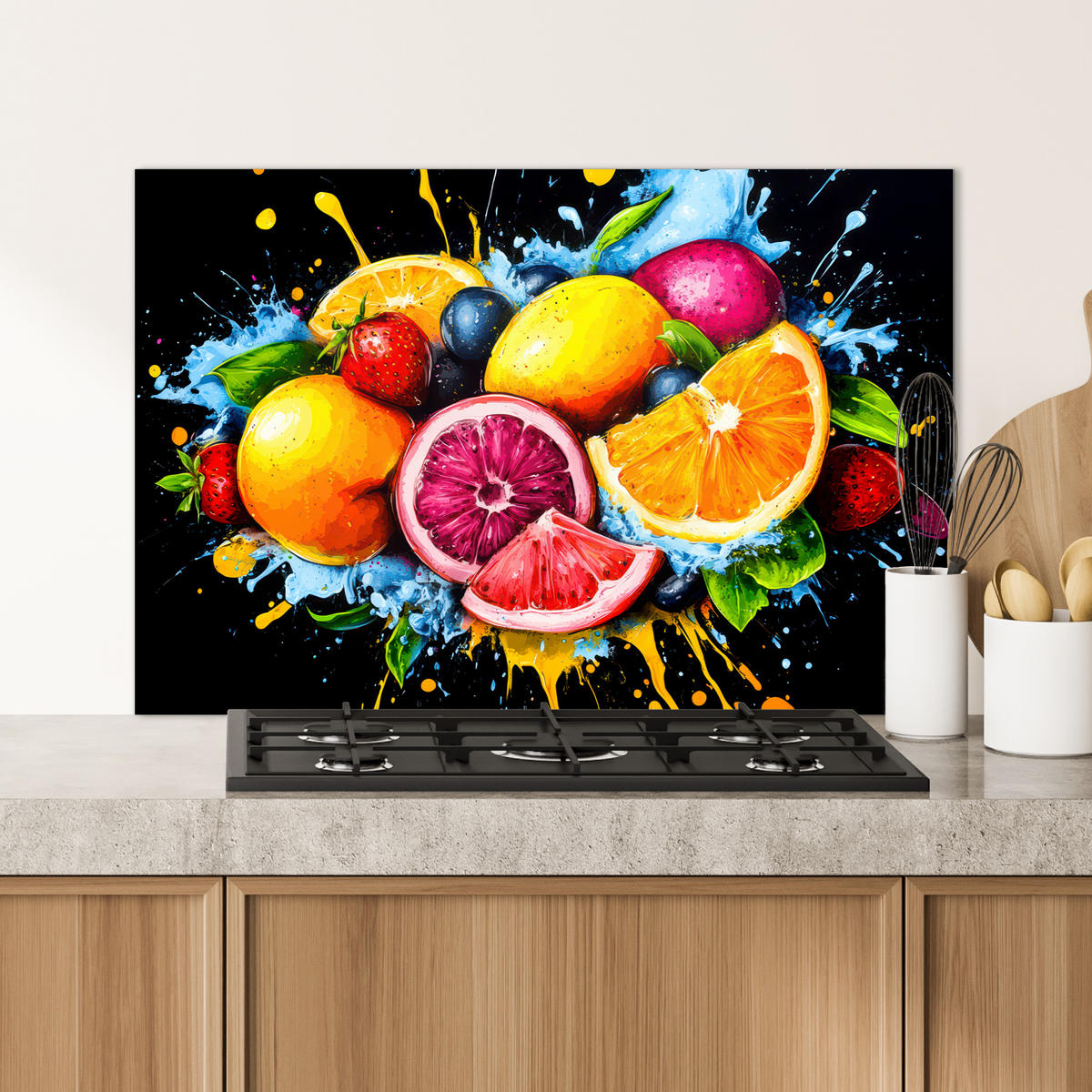 SPRITZSCHUTZ KÜCHE Obst - Graffiti - Bunt - Orange - Erdbeere - Abstrakt 90x60 cm - Orange, Metall (90/0.3/60cm) - MuchoWow