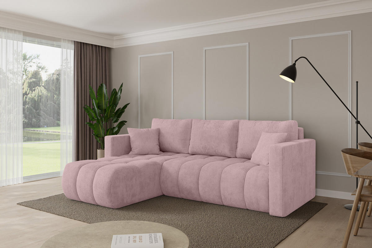 ROHOVÁ SEDAČKA s funkcí spaní, otoman vlevo GARD-L 226x146x85 růžová manšestr - růžová/černá, kompozitní dřevo/textil (226/146cm) - ALTDECOR