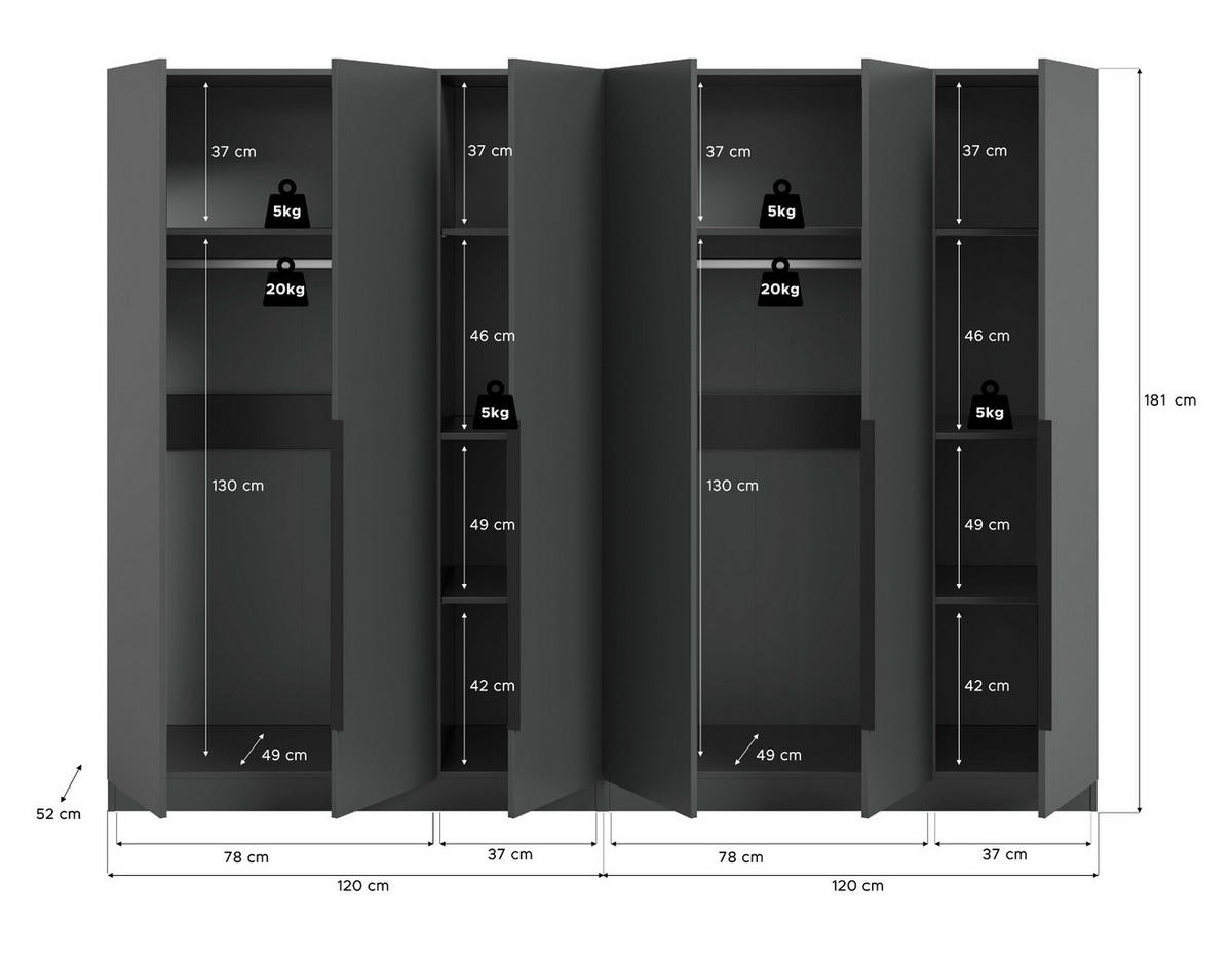 KLEIDERSCHRANK grau 6-türig 240 x 181 cm, Drehtürenschrank mit Kleiderstange - Schwarz/Grau, Holzwerkstoff/Kunststoff (240/181/52cm) - Inn.Furn