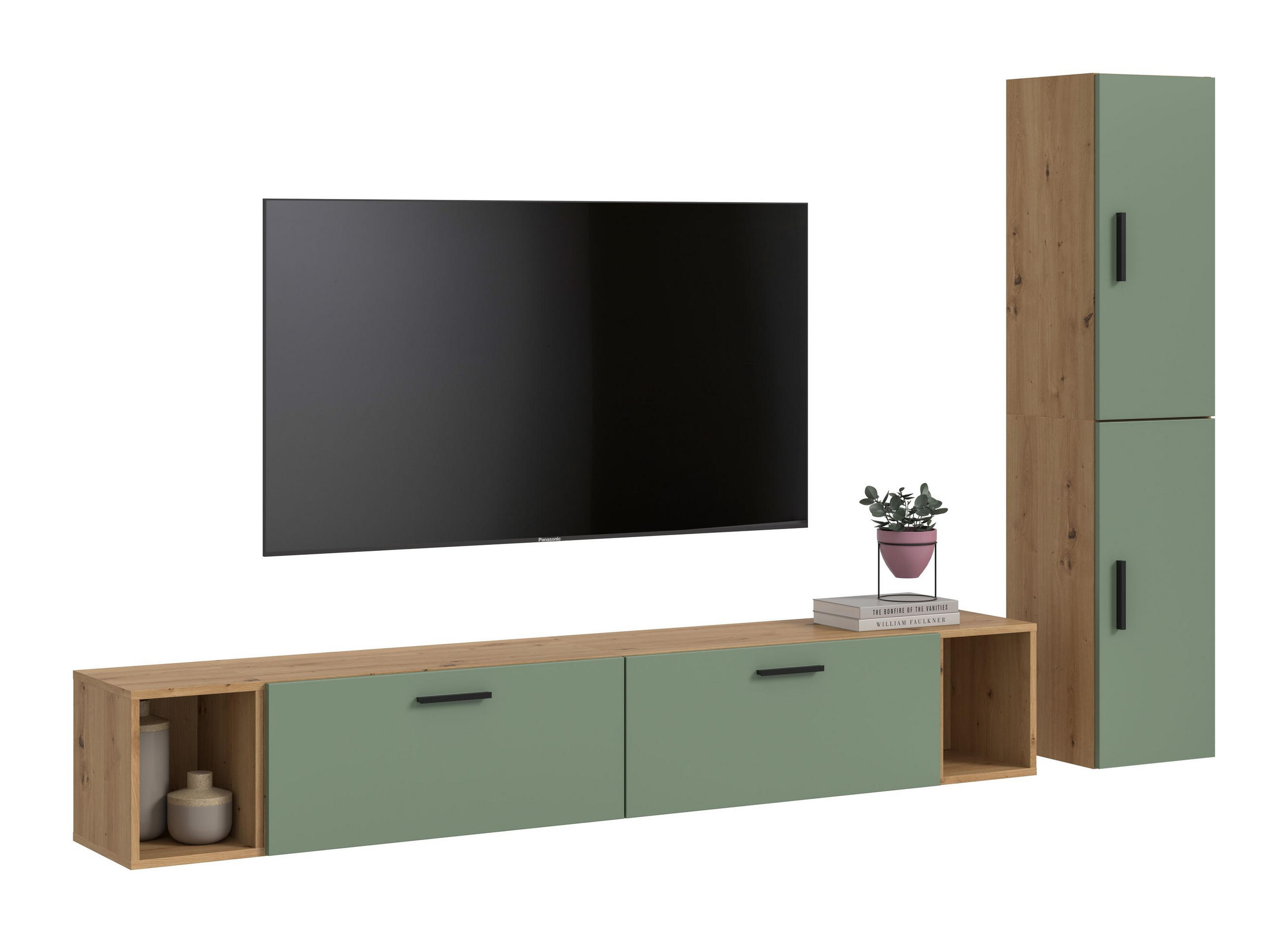 WOHNKOMBINATION THE ONE (B/H/T: ca. 259/182/34 cm) in Artisan Oak Nachbildung/Smoke Green - Eiche Artisan, Holzwerkstoff (259/182/34cm)