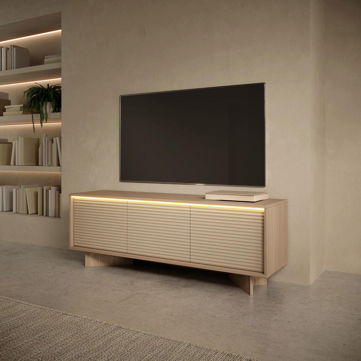 TV stolek Semi, 153 cm - kapučínová/béžová, kompozitní dřevo (153.9/54.4/40cm) - Selsey